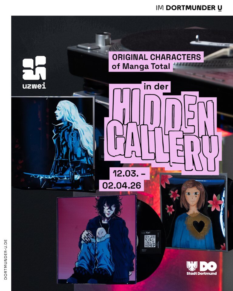 Die Grafik zur Ausstellung "Original Characters of Manga Total" zeigt die wichtigsten Infos zur Ausstellung in der Hidden Gallery, im Hintergrund sind verschiedene Manga Zeichnungen zu sehen.